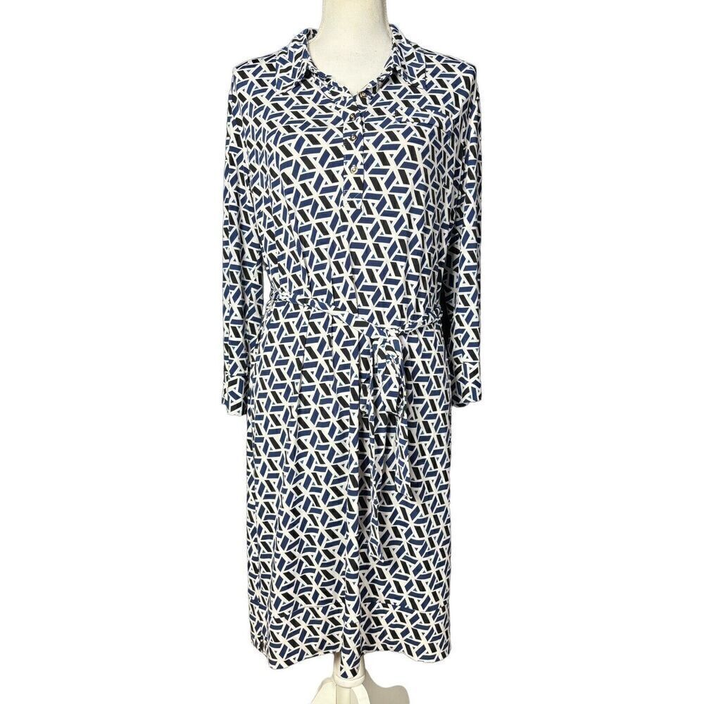 Donna Morgan Midi Dress Size 14 Tie Belt Artsy Geometric Blue Corpcore Office